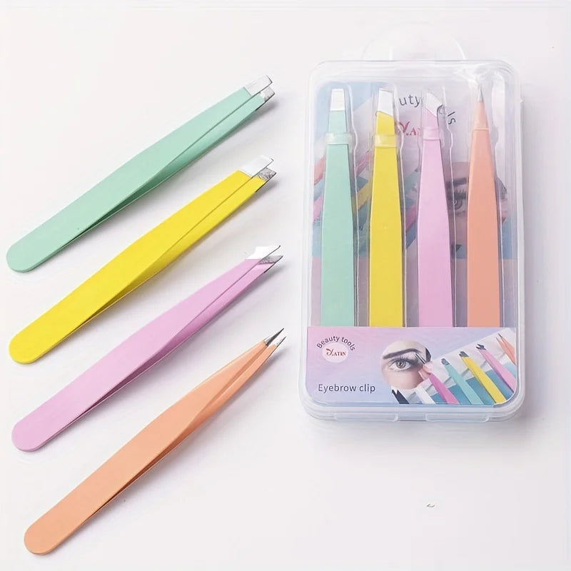 4Pcs Stainless Steel High-Quality Eyebrow Tweezer, Multifunctional Slanted Brow Clips for Fine Hairs Removal Qme Multicolored