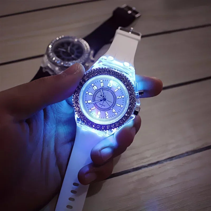 Luminous Round Digital Watches Solid Color Inlaid Rhinestone Sports Watch Couple Waterproof Wrist Watch Qme