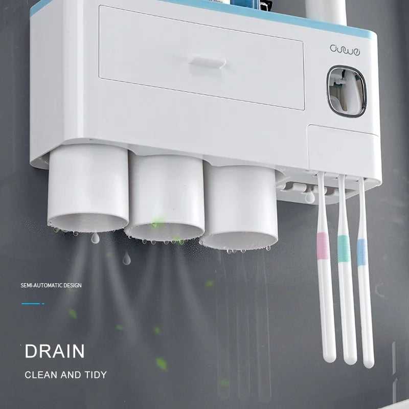 Magnetic Adsorption Inverted Toothbrush Holder Automatic Toothpaste Dispenser With Cup Toothpaste Bathroom Accessories Set Qme