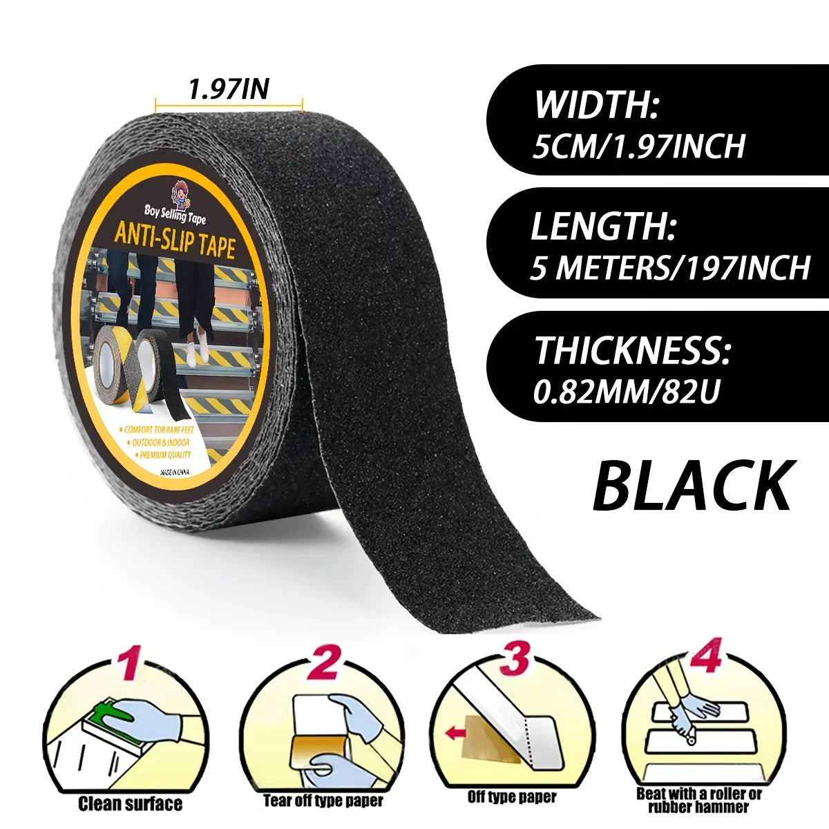 Anti Slip Safety Tape, Used for Anti Slip of Stairs and Steps, Strong Ground Grinding Tape (Yellow/Black) Hazard Warning Tape Qme Black-5cm 5m