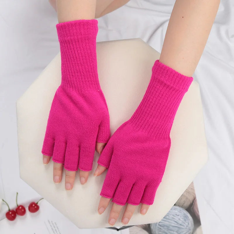 Long Gloves Black Fingerless Knitted Gloves for Men Women Warm Stretch Elastic Fashion Winter Outdoor Mitten Cycling Accessories Qme Rose Red one size