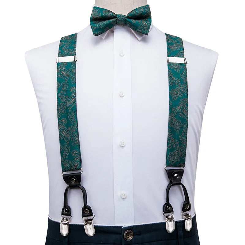 Silk Woven Mens Suspenders Bow Tie Hanky Cufflinks Strength 6 Clips Qme BD-3023