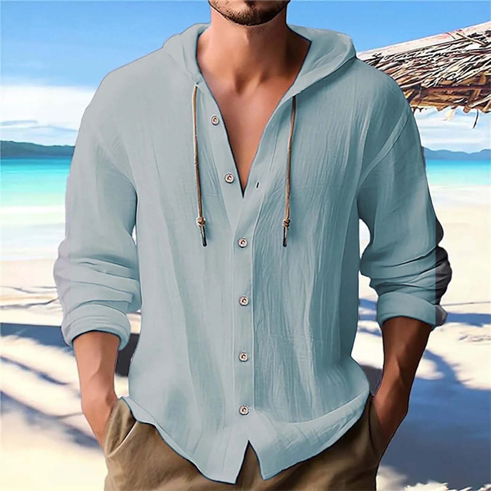 Men's Solid Color Casual Long Sleeved Shirt With Hood And Drawstring Cotton And Linen Cardigan Fashionable Daily Versatile Top Qme Light Blue L