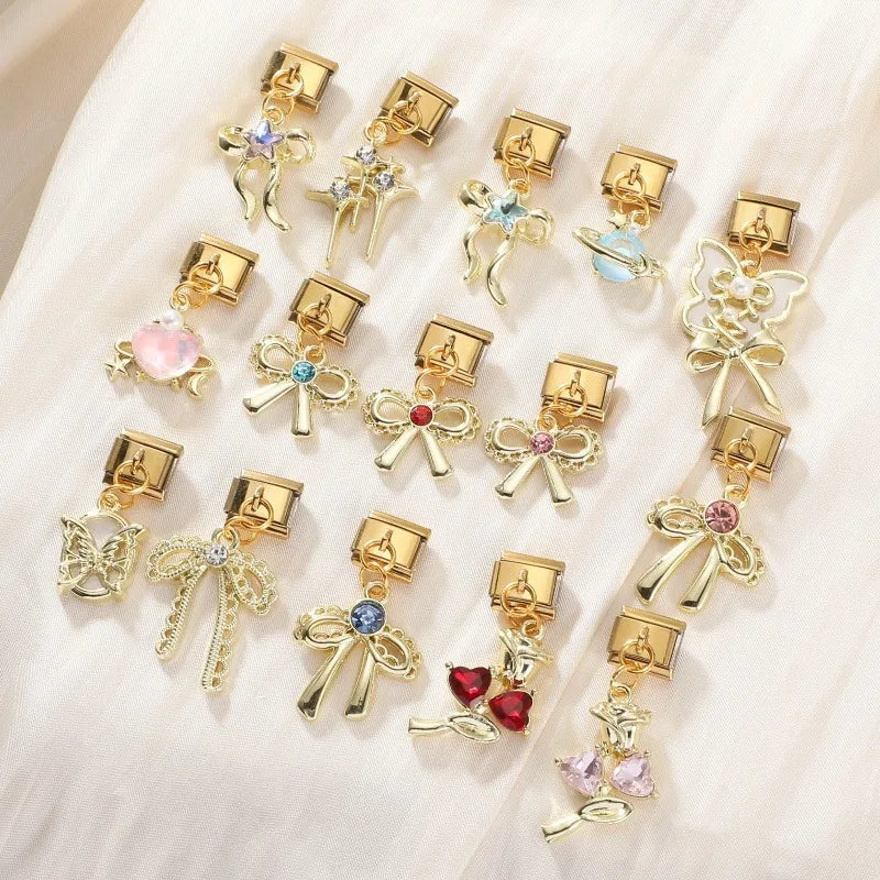 Fashion Flowers Rose Zircon Bowknot Butterfly Golden Italian Charm Links Fit 9mm Stainless Steel Bracelet Women DIY Making Gifts Qme