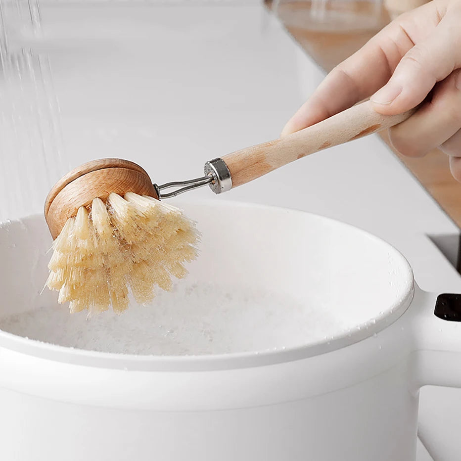Bamboo Kitchen Cleaning Brush Natural Dishes Pots Pans Sink Washing Brush Eco-friendly Clean Scrubber with Draining Storage Tray Qme