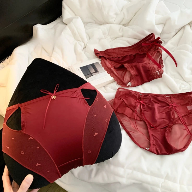 Women Cherry Red Lucky Satin Mesh Panties 10A Extended Mulberry Silk Qme