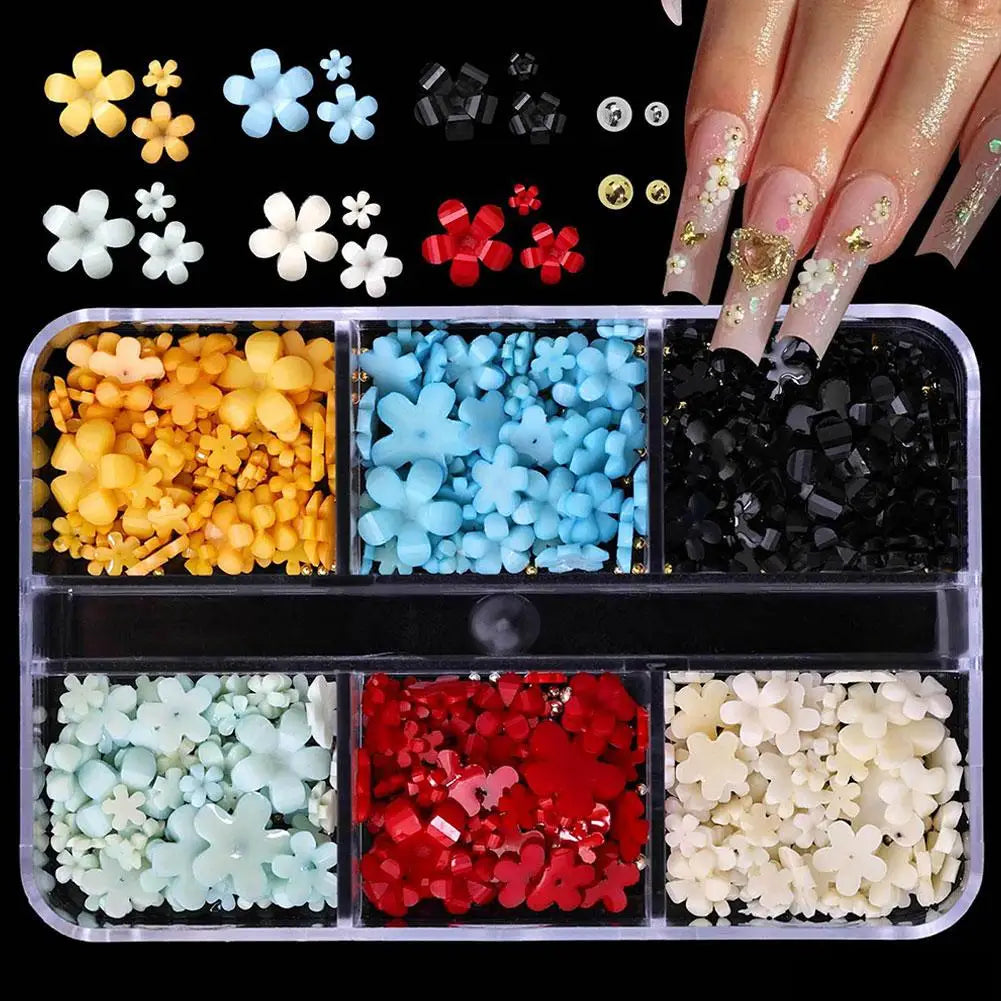 3D Acrylic Flower Nail Charms Art Cute Colorful Floral Caviar Beads Qme D- 6 gird