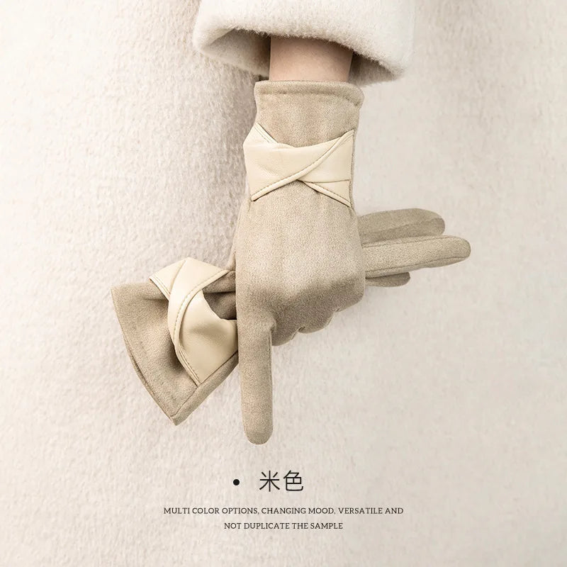Women's Suede Cold-proof Warm Gloves Velvet Thickened Windproof Bow Qme Beige