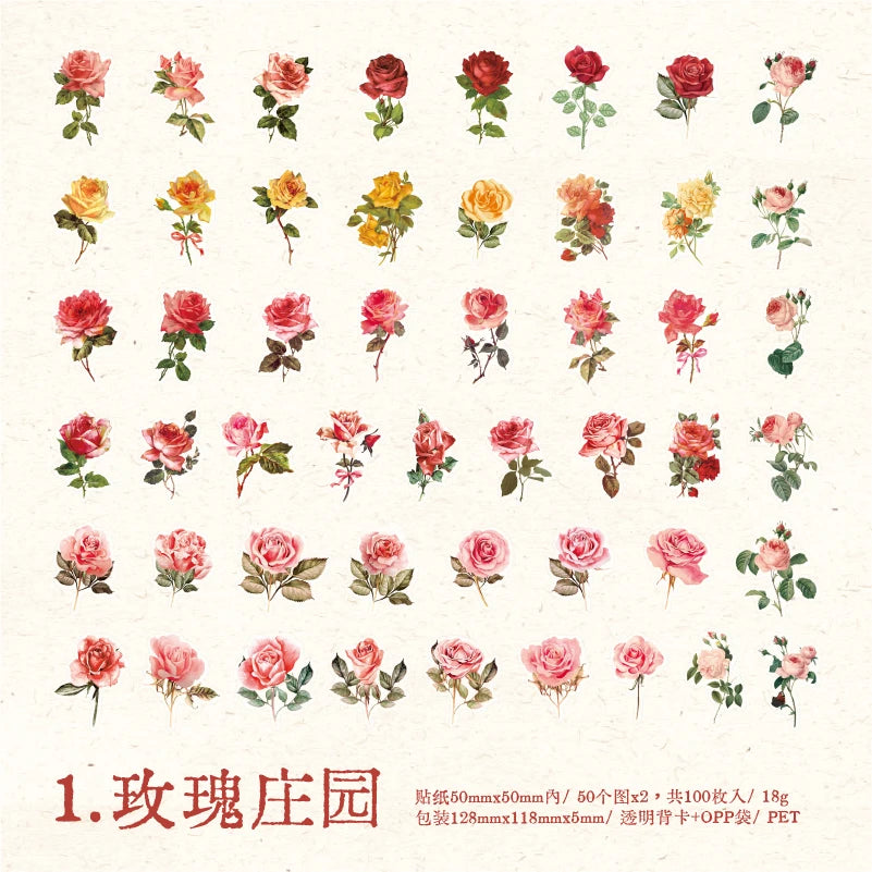 100pcs Flowers Sticker pack Rose Tulip Daisy Transparent Waterproof Plant hand account Decoration Scrapbooking Material Qme A