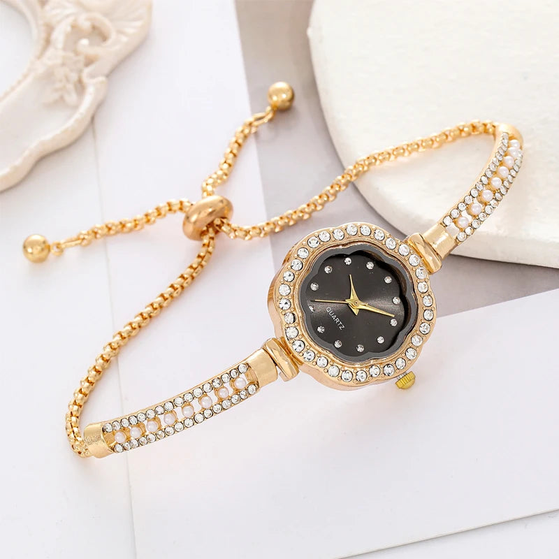 1pcs Floral Colorful Dial Fashion Small Light Luxury Pearl Strap Women's Watch Features Pulling Bracelet Qme Pink