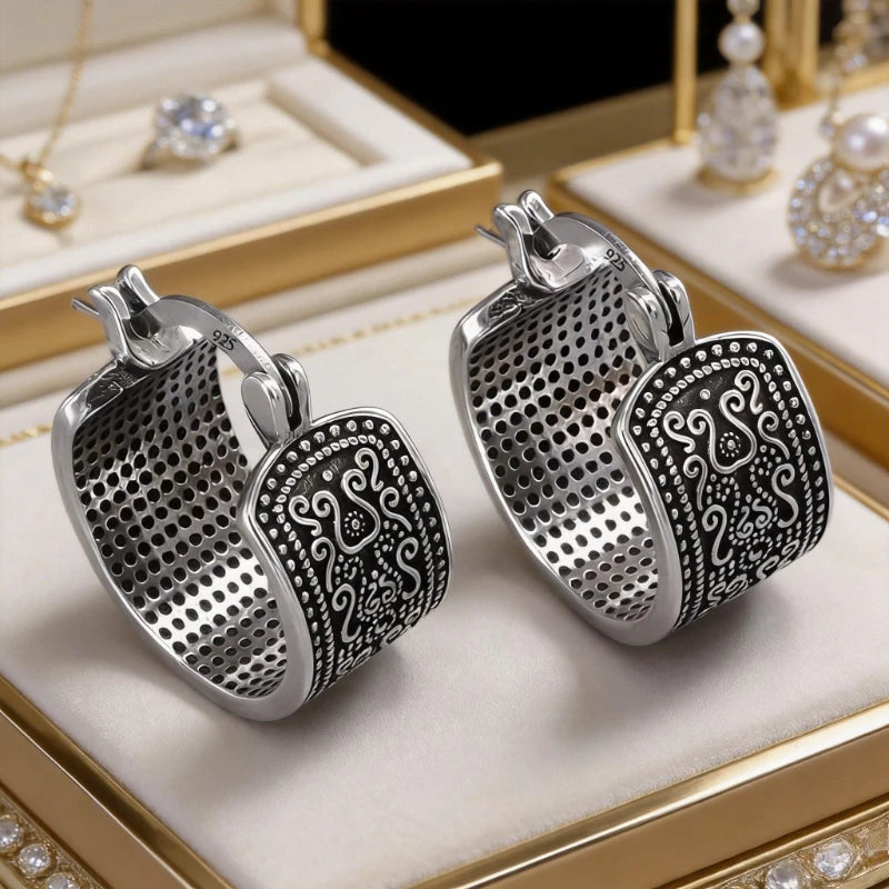 925 Sterling Silver Textured Flower Earrings for Women Gothic Vintage Simple Trendy Hypoallergenic Jewelry Party Accessories Qme