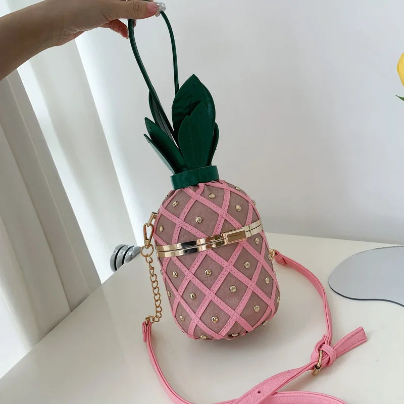 Women Pineapple-Shaped Crossbody Bag PU Leather Rivets Chain Strap Shoulder Bag Tote Novelty Handbags Summer Beach for Girls Qme Pink
