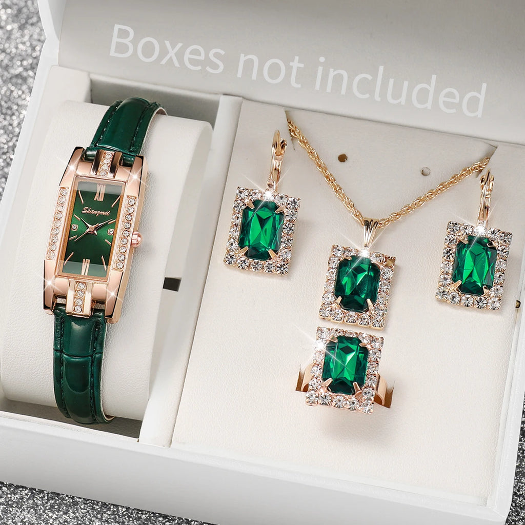 5-piece set of light luxury rectangular diamond studded women's leather strap watch Roman numerals thin strap quartz watch set Qme green No
