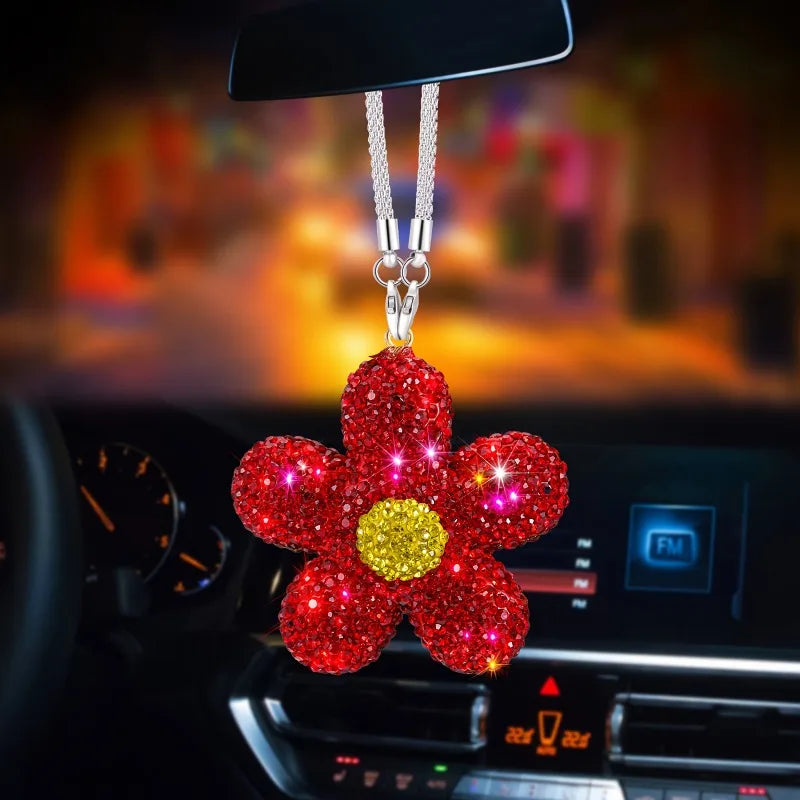 Sparkling Rhinestone-Encrusted Daisy Car Mirror Hanging With Small Daisies - Suitable For Rearview Mirror Or Dashboard Decor Qme Red 1pc