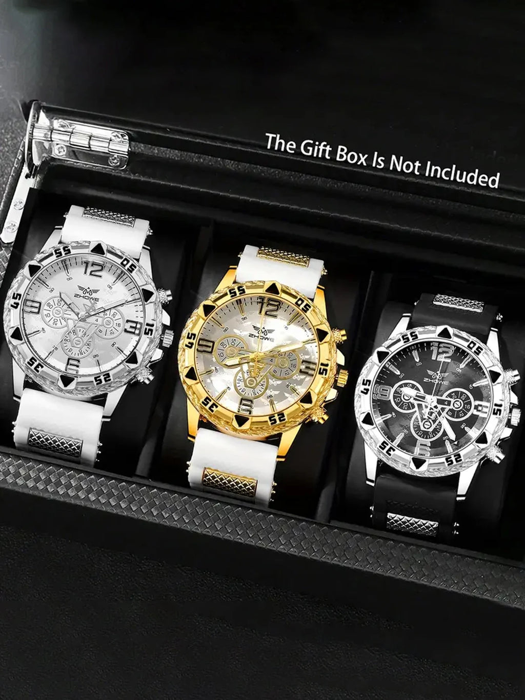 3pcs Large dial fake three-eye stylish quartz watch for men, business and casual, fashionable and cool men's watch Qme 3pcs
