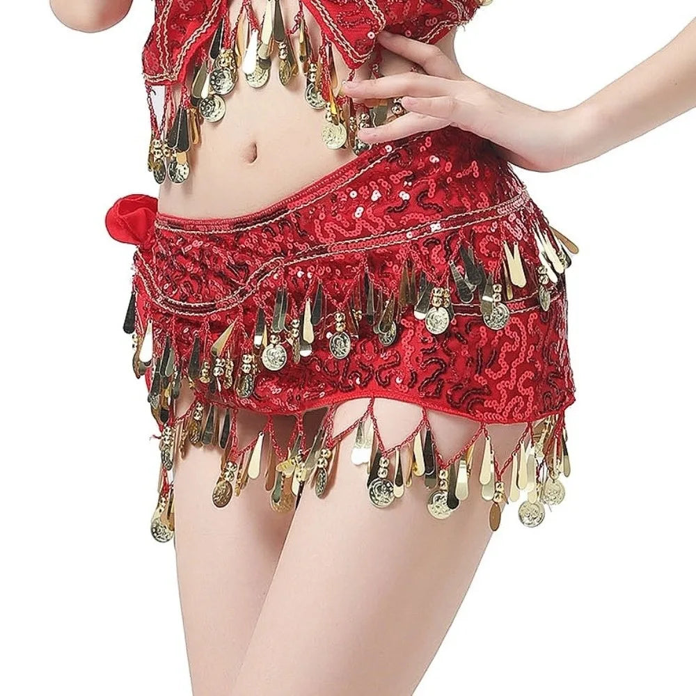 Glitter Sequins Belly Dance Waist Chain Hollow Long Tassel Dancing Waist Belt Handmade Colorful Belly Dance Waistband Qme Red