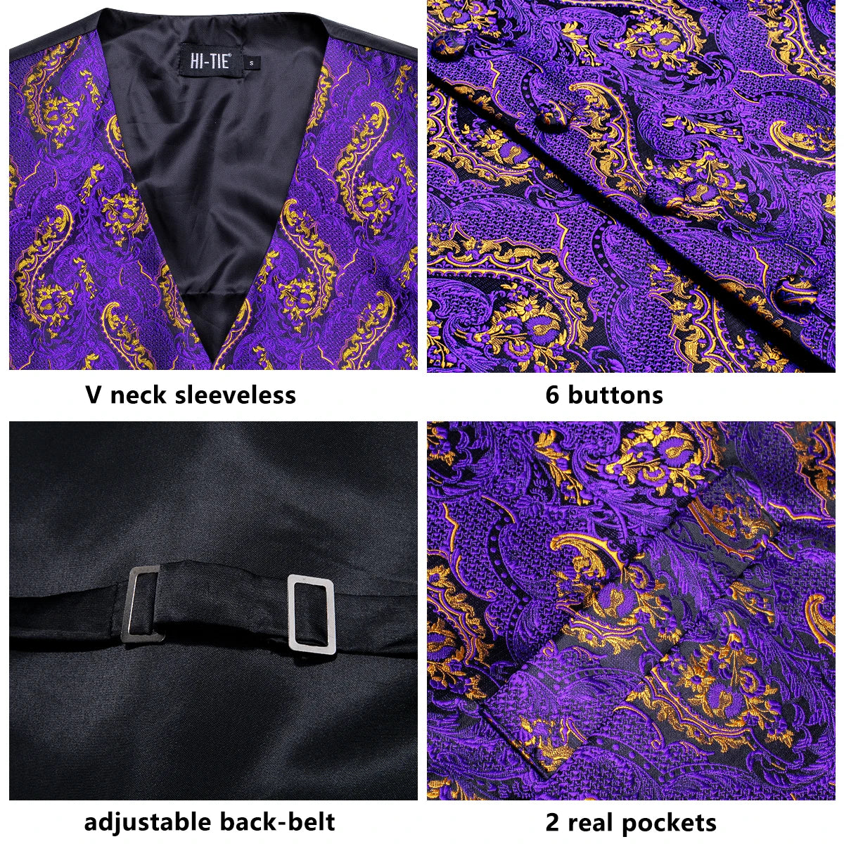 Mens Purple Suit Vest Tie Hanky Cufflinks Set Jacquard Floral Paisley Waistcoat Sleeveless Jacket for Male Wedding Busniess Qme