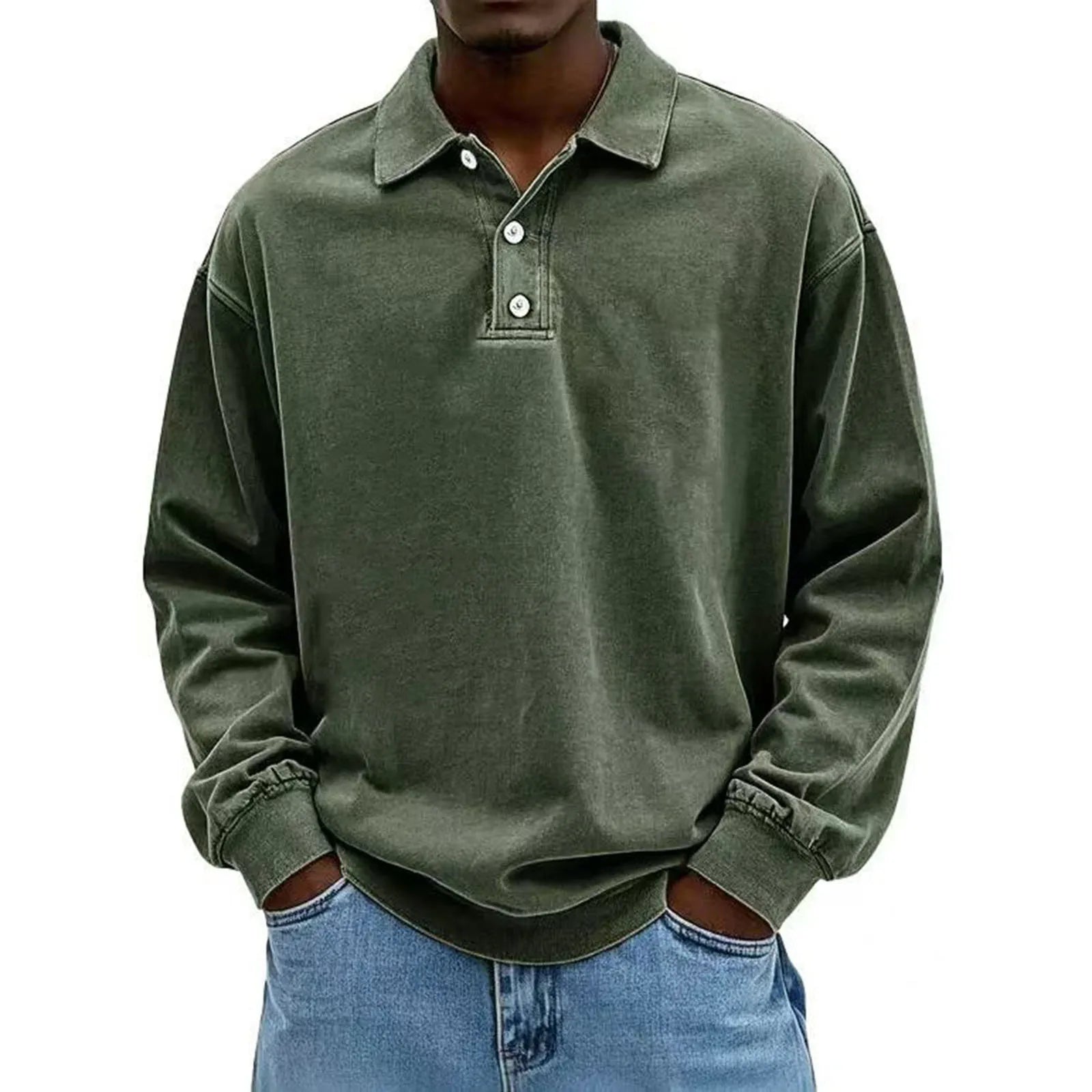 Men's Baggy Korean Style Leisure Daily Versatile Long Sleeves Flip Collar Pullover Shirt Fashion Solid Color Button Hoodies Qme Dark Green M