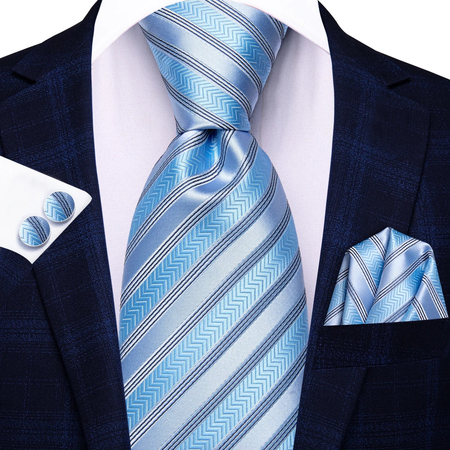 Hi-tie Light Blue Striped Business Mens Tie Jacquard Necktie Qme N-3852