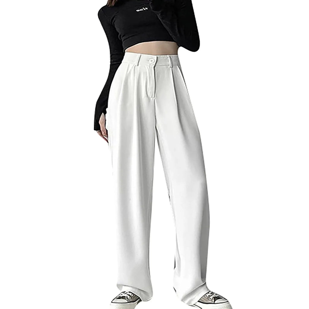 Solid Color High Waist Casual All-match Spring And Summer Daily Basic Commuting Suit Fabric Wide-leg Straight Pants For Ladies Qme White XL