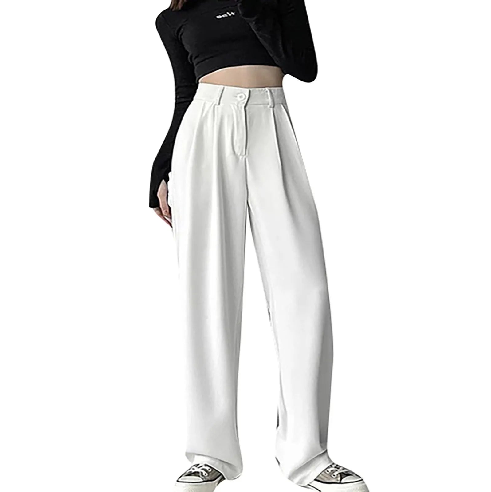 Solid Color High Waist Casual All-match Spring And Summer Daily Basic Commuting Suit Fabric Wide-leg Straight Pants For Ladies Qme White XL