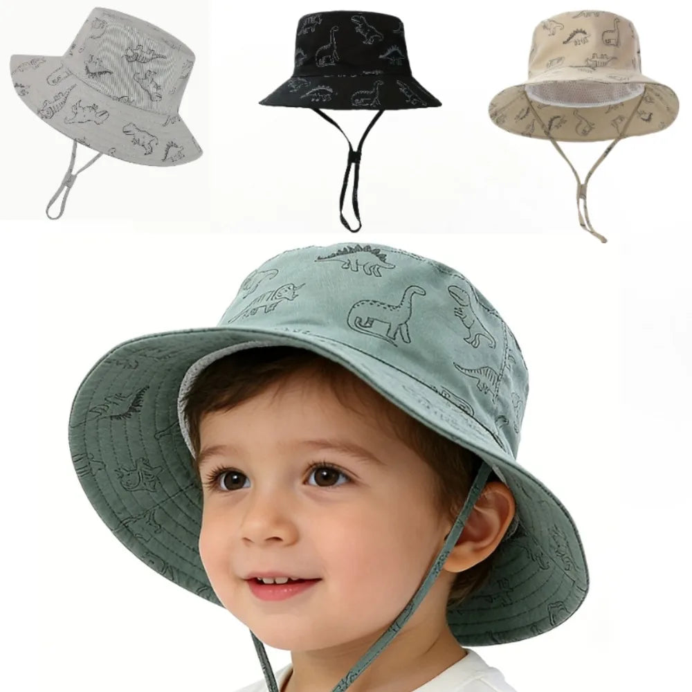Baby Sun Hat Dinosaur UPF 50+ Sun Protective Toddler Bucket Hat Summer Kids Beach Hats Wide Brim Outdoor Play Hat for Boys Girls Qme