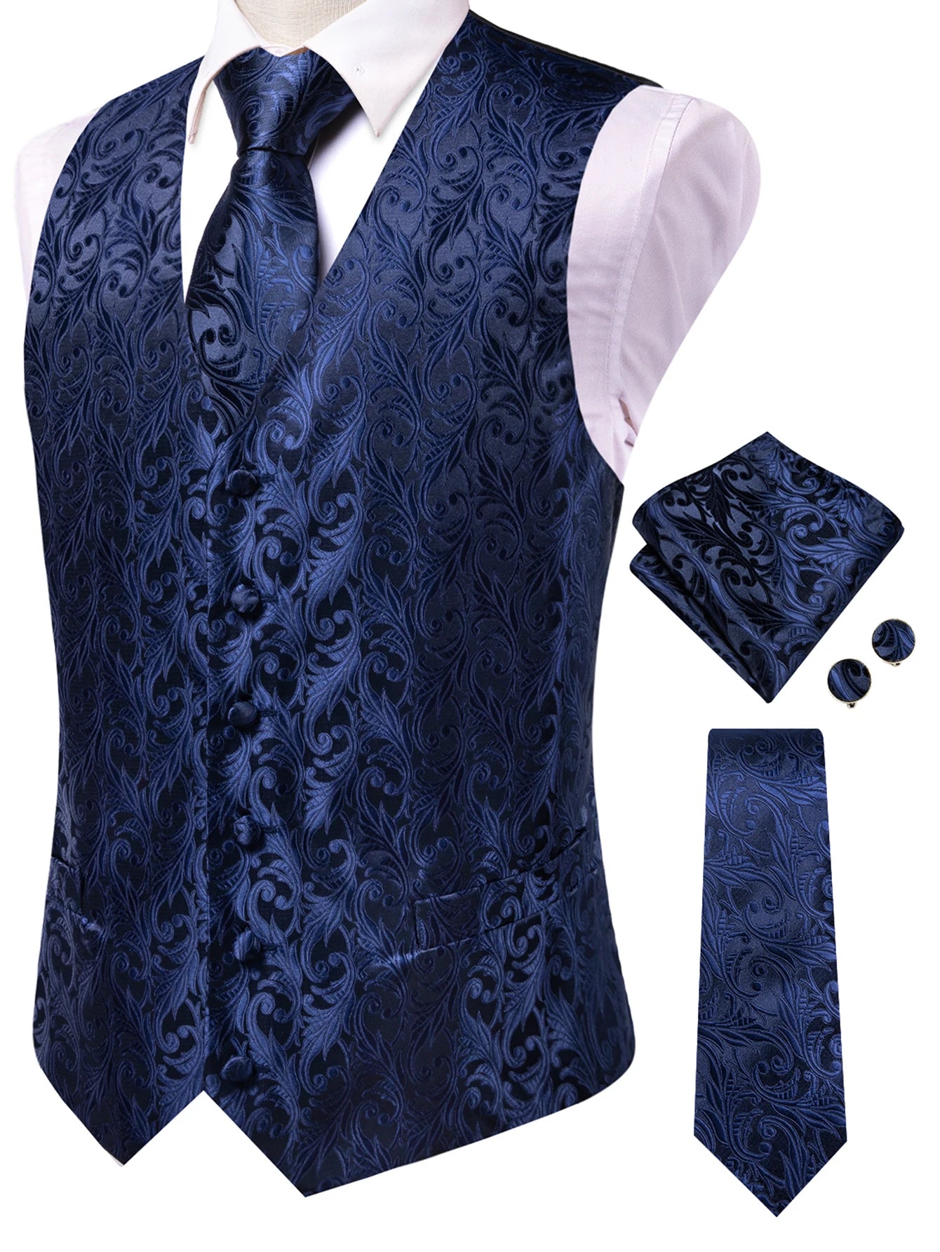 Men's Classic Floral Vest Tie Hanky Cufflinks Waistcoat Weddings Qme HT-MJ-0197 XXXL