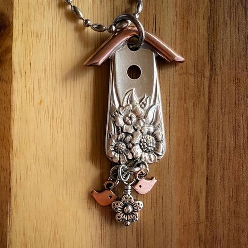 Silver-Plated Hollow Knife Birdhouse Pendant, Vintage Handmade Collectors Jewelry for Bird Enthusiasts Qme