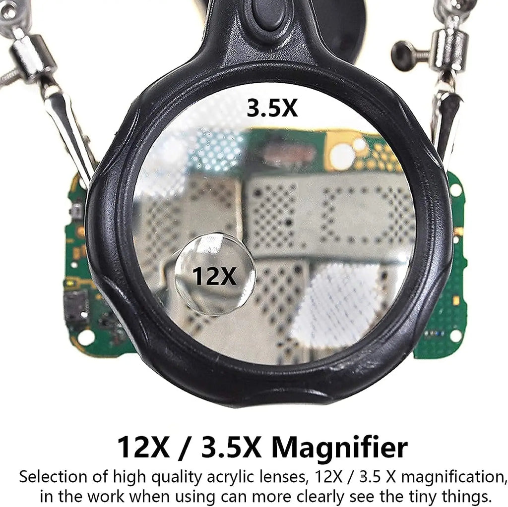 Desktop Magnifying Glass Soldering Station, Adjustable Helping Hands 3.5X 12X Magnifier with LED Light and Alligator Clips Qme