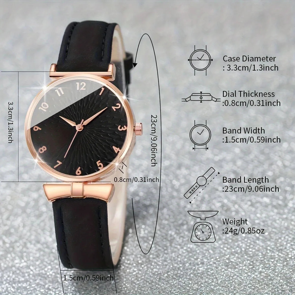 New Black Rose Gold Women's Watch Set with Belt Quartz Watch and Bracelet Six Piece Set (Box Not Included) Qme