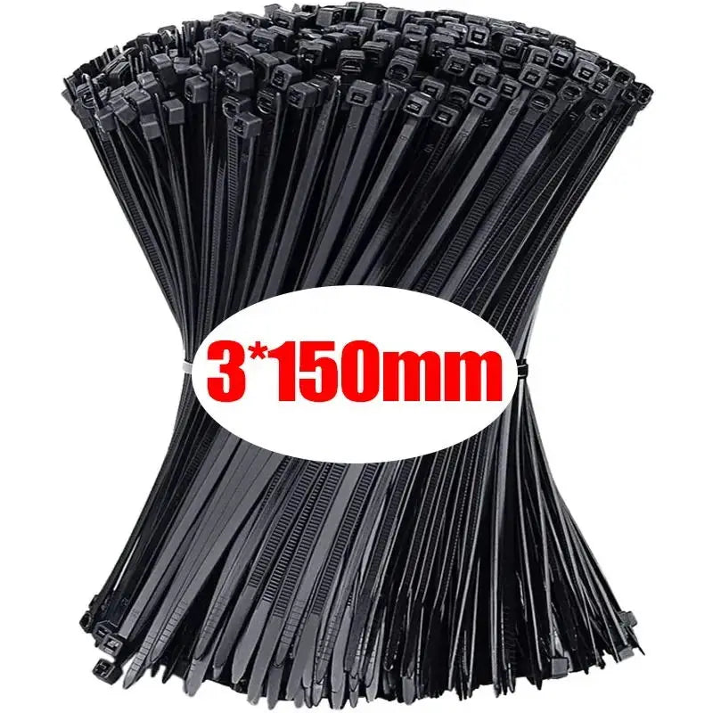 1000/100PCS Nylon Cable Ties Self-locking Cord Ties Straps Adjustable Cables Fastening plastic clamp Heat Resistant Wire Zip Tie Qme Black(3x150mm) 200PCS