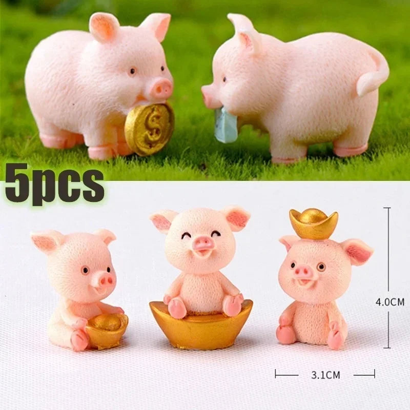 5 PCS Micro Pig Family Figurine Resin Ornaments Miniature Model Mini Animal Statue Bonsai Decoration Garden Home Decor Qme