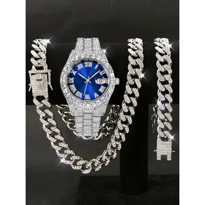 Men's Hip Hop Iced Out Jewelry Combo, Two-tone Gold Silver Plated Diamond Watch + Cuban Chain + Bracelet, Fashion Accessory Qme Bronze