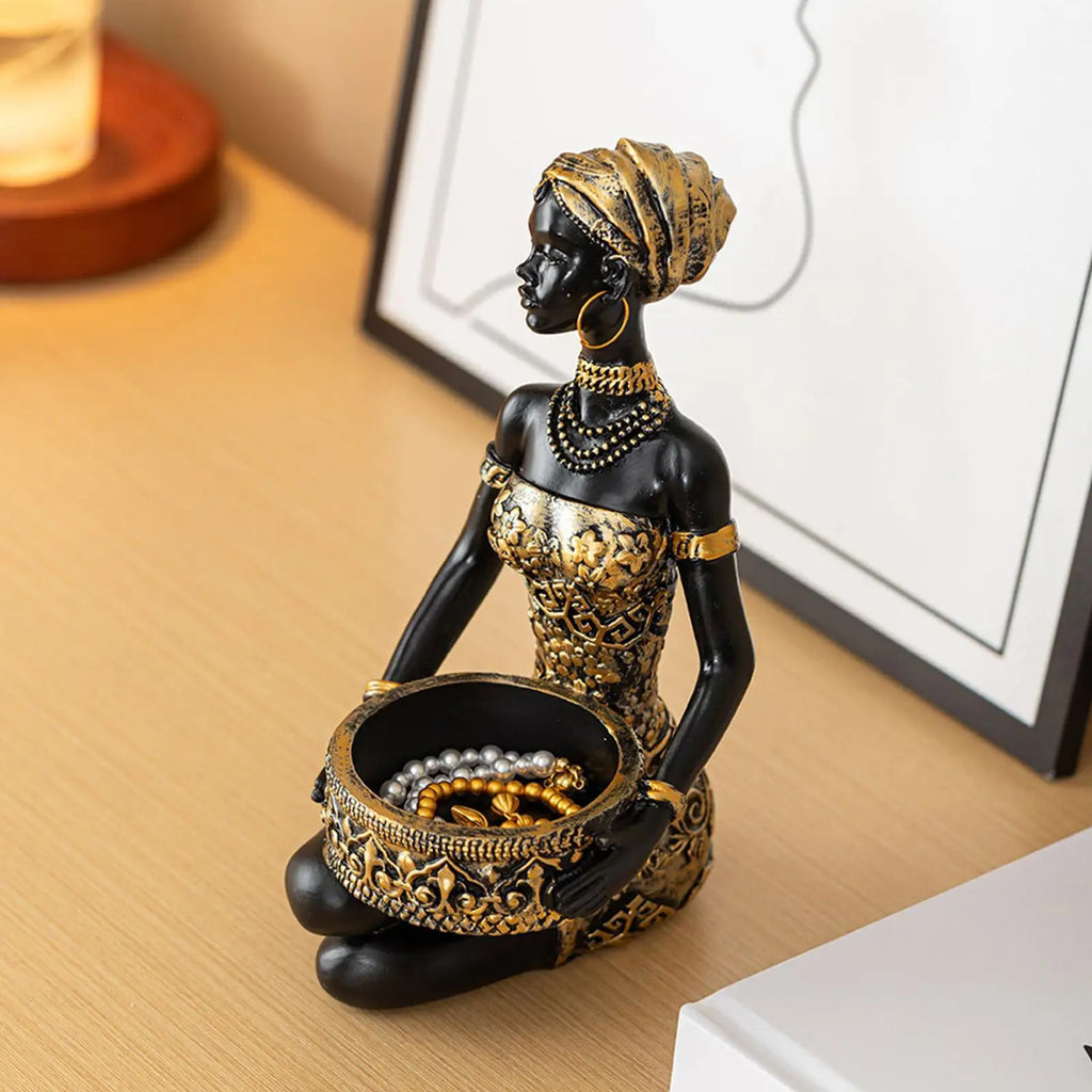 African Figurines Resin Table Storage Organizer African Woman Statues Storage Holder for Candy Jewelry Ring Key Earring Home Qme