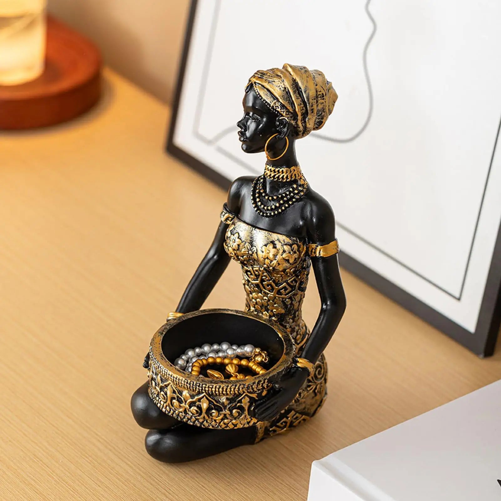 African Figurines Resin Table Storage Organizer African Woman Statues Storage Holder for Candy Jewelry Ring Key Earring Home Qme