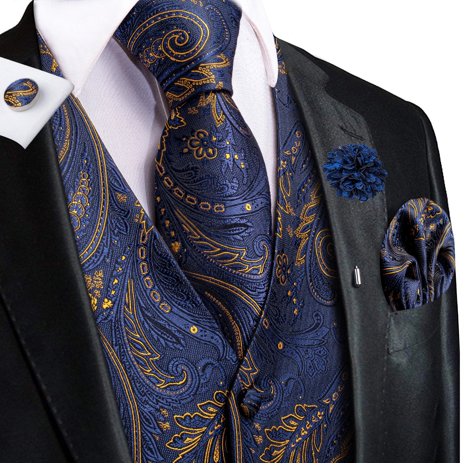 Mens Vests Jacquard Waistcoat Neck Tie Hanky Cufflinks Brooch Men Qme MJ-3023-0060 XXXL