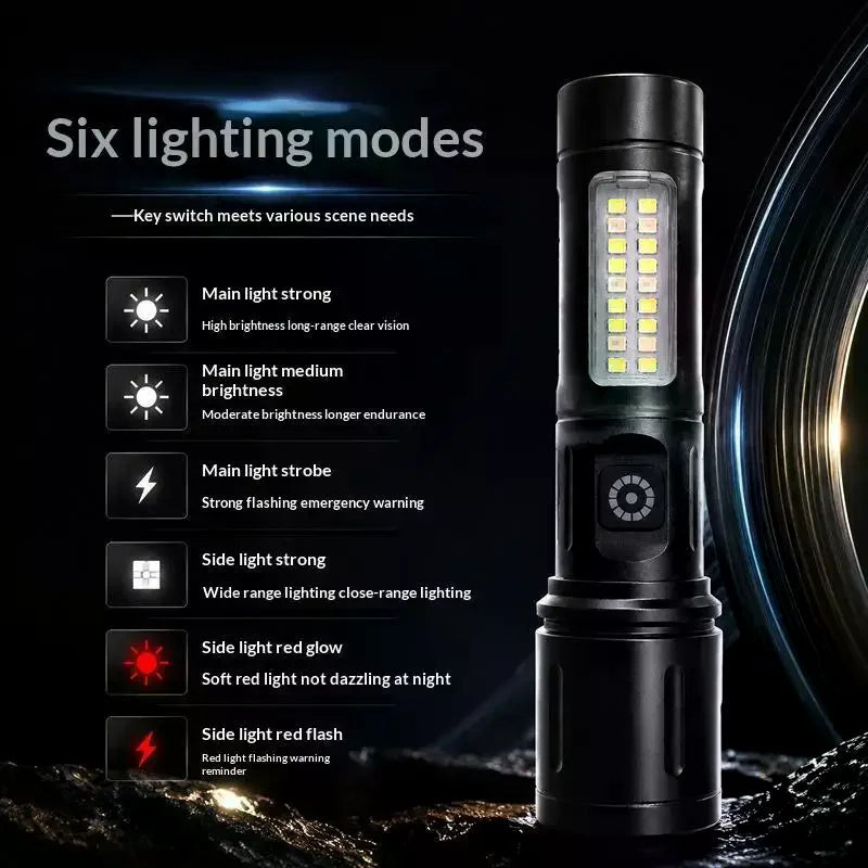 LED+COB Portable Flashlight Zoomable Small Torch With Side Lights USB Rechargeable Outdoor Camping Fishing Emergency Lantern Qme