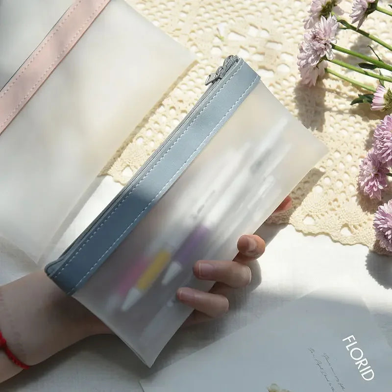 Frosted Transparent Pencil Case, High Appearance Waterproof Haze Blue Pink Pencil Box, Kawaii School Stationery Organizer Qme