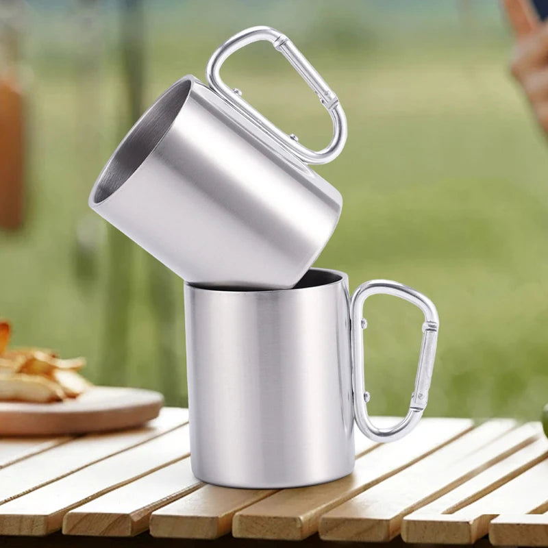 220 Camping Travel Stainless Steel Cup Carabiner Hook Handle Picnic Qme