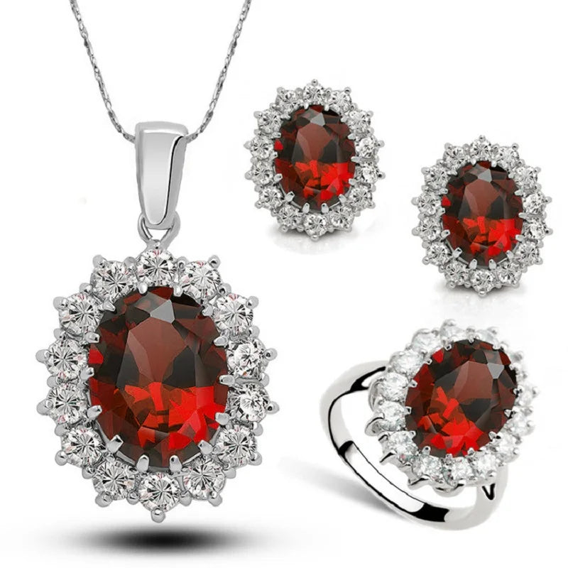 Authentic 925 Sterling Silver Plated Women Wedding Engagement Jewelry Sets Princess Oval Zircon Crystal Necklace Earrings Ring Qme Red