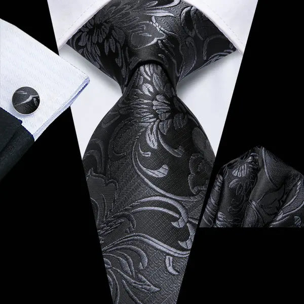 Tie Set for Men, 3-Piece Wedding Accessories with Cufflinks & Pocket Handkerchief, Striped/Floral Design Qme DPTH-LDSN3952