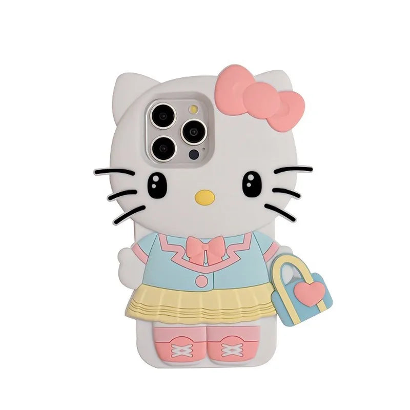 Sanrio Cute 3D Big Head Hello Kitty Case For iPhone 14 15 16 17, Cartoon Bear Heart Soft Silicone Anti-drop Ladies Phone Shell Qme