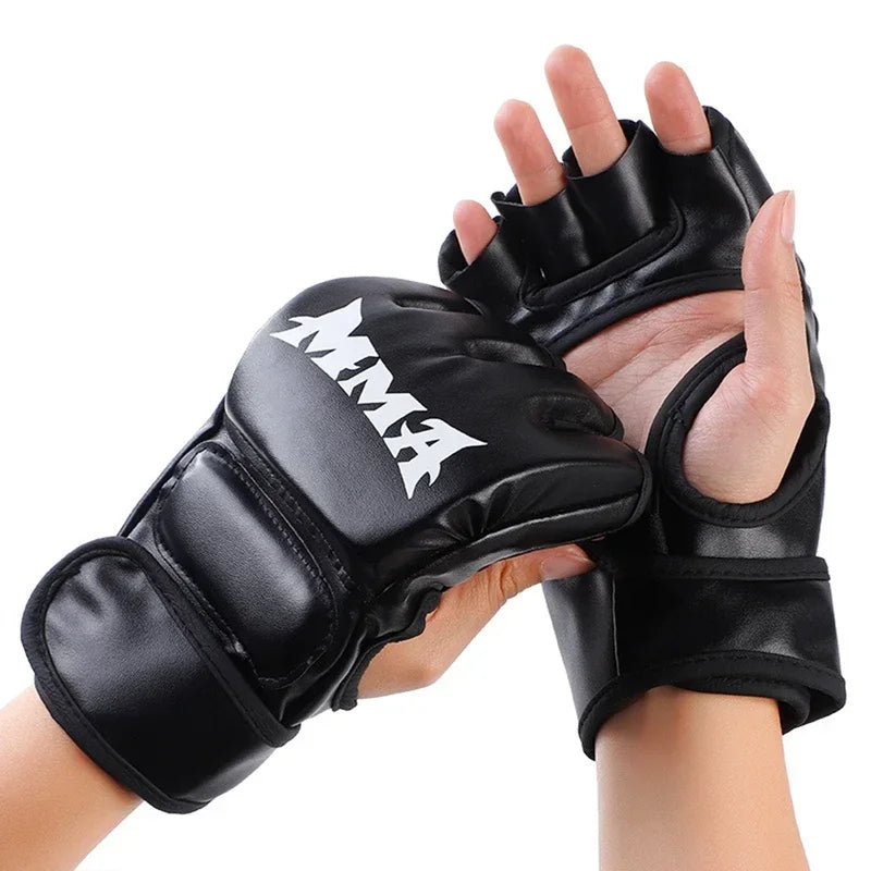 Half-finger Leather Boxing Gloves Adult Training Cushioned Knuckles Qme black