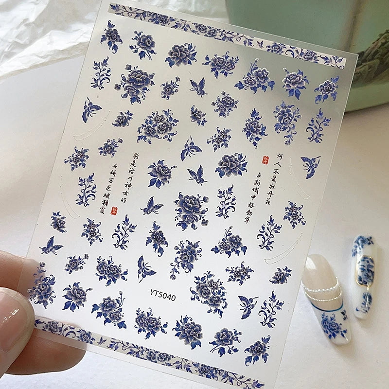 Blue White Porcelain-style 3D Nail Art Stickers Self-adhesive Qme B