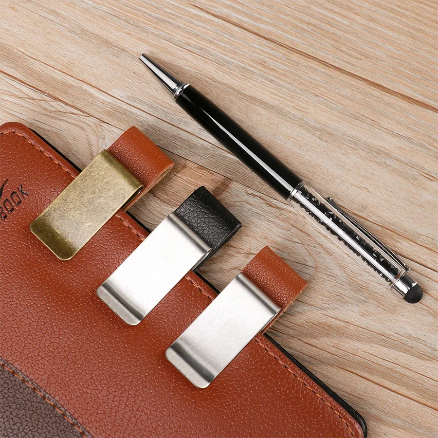 Handmade Leather Brass Stainless Steel Pen Holder Clip Journal Notebook Paper Folder Writing Office Supplies Qme