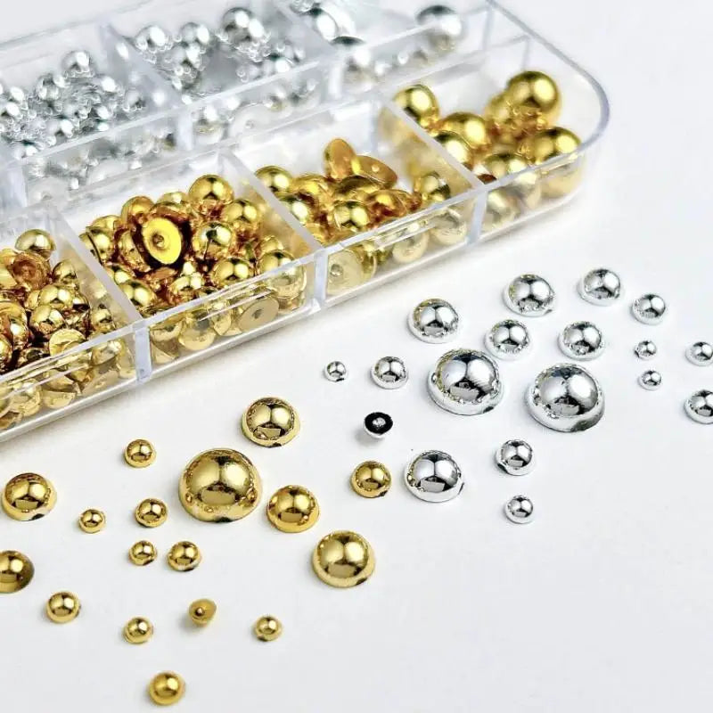 12Grids Mixed Semi-circular Pearl Gold Silver Nail Charms Decor Qme