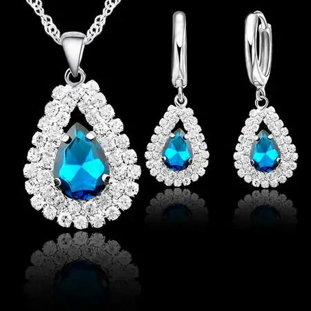 Hot Sale Bridal Jewelry Set 925 Sterling Silver Color Austrian Crystal Water Drop Necklaces Hoop Earring Women Party Engagement Qme 002