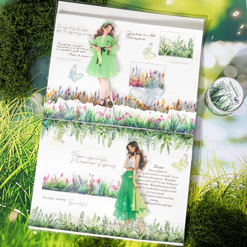 2m/Roll Cute Green Grass Flowers PET Tape Paper Decorative Journaling Adhesive Masking Tape Scrapbooking Craft Diary Stationery Qme