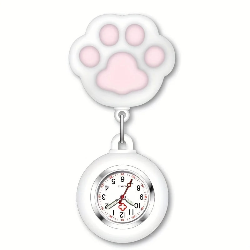 Cute Cat Paw Nurse Watch Brooch, Silicone With Clip, Retractable Telescopic Health Care Nurse Doctor Paramedic Medical Pocket Qme WHITE