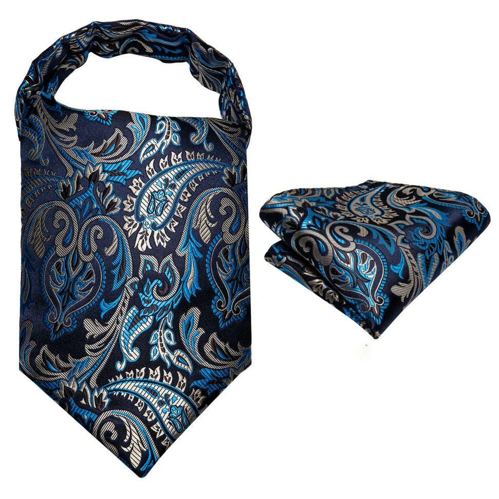 Ascot Tie Set, Classic Cravat with Pocket Square & Decorative Ring, Fashion Men's Neck Accessories Wedding silk Party Daily Wear Qme